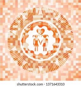 lesbian love icon inside abstract emblem, orange mosaic background
