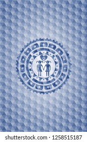 lesbian love icon inside blue emblem or badge with geometric pattern background.