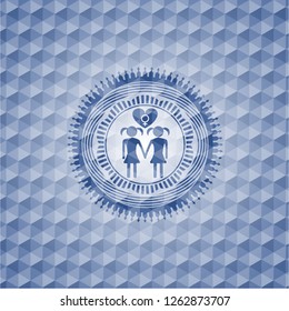 lesbian love icon inside blue emblem with geometric pattern background.