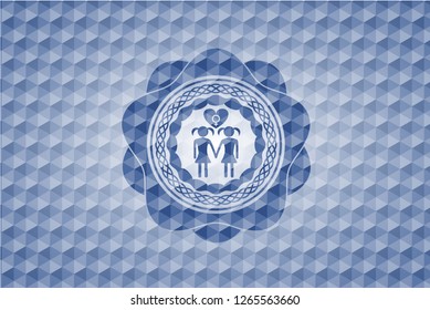 lesbian love icon inside blue emblem or badge with abstract geometric pattern background.