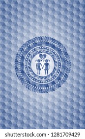 lesbian love icon inside blue emblem or badge with abstract geometric polygonal pattern background.
