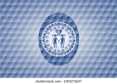 lesbian love icon inside blue emblem or badge with abstract geometric pattern background.