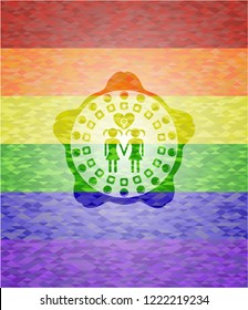 lesbian love icon inside emblem on mosaic background with the colors of the LGBT flag