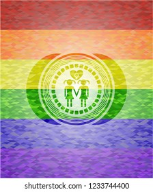 lesbian love icon inside emblem on mosaic background with the colors of the LGBT flag