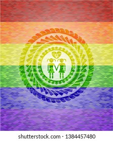 lesbian love icon inside emblem on mosaic background with the colors of the LGBT flag