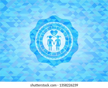 lesbian love icon inside light blue emblem. Mosaic background