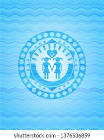 lesbian love icon inside light blue water wave badge.