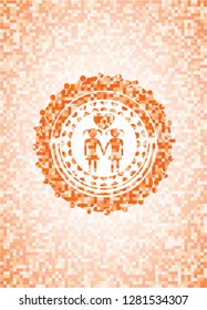 lesbian love icon inside orange mosaic emblem with background