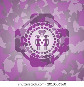 lesbian love icon inside pink and purple camouflaged emblem. 