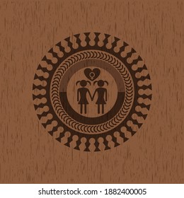lesbian love icon inside realistic wooden emblem. 