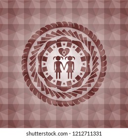lesbian love icon inside red seamless badge with geometric pattern.
