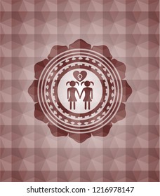 lesbian love icon inside red emblem or badge with geometric pattern background. Seamless.