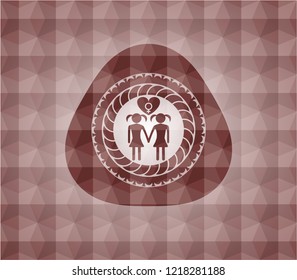 lesbian love icon inside red geometric pattern emblem. Seamless.