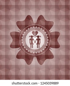lesbian love icon inside red seamless emblem or badge with geometric pattern background.