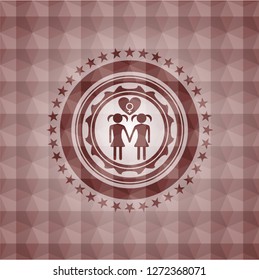 lesbian love icon inside red badge with geometric pattern. Seamless.