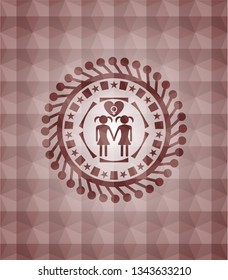 lesbian love icon inside red emblem with geometric background. Seamless.