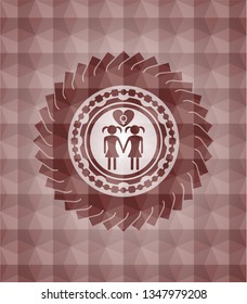 lesbian love icon inside red seamless emblem with geometric pattern.