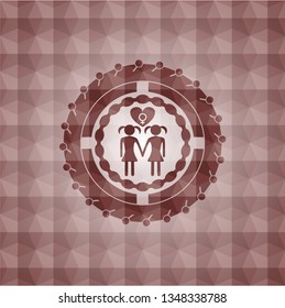 lesbian love icon inside red seamless badge with geometric pattern background.