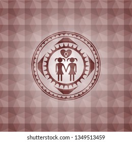lesbian love icon inside red seamless emblem or badge with abstract geometric polygonal pattern background.