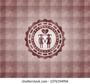 lesbian love icon inside red geometric emblem. Seamless.