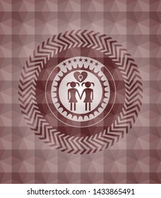 lesbian love icon inside red badge with geometric background. Seamless.