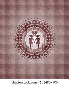 lesbian love icon inside red emblem with geometric pattern background. Seamless.
