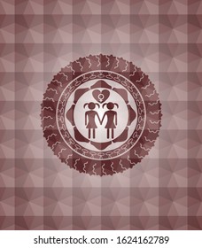 lesbian love icon inside red badge with geometric pattern background. Seamless.