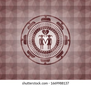lesbian love icon inside red badge with geometric pattern background. Seamless.