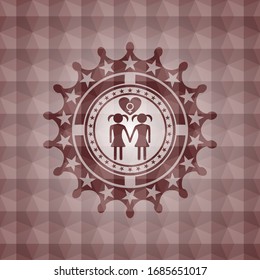 lesbian love icon inside red emblem with geometric background. Seamless.