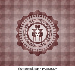 lesbian love icon inside red seamless badge with geometric background. 