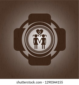 lesbian love icon inside retro style wood emblem