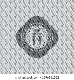 icono de amor lesbiana dentro del emblema o distintivo de color plata. Patrón de escalas. Ilustración vectorial. Detallado.