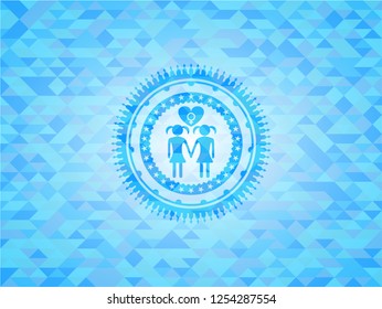 lesbian love icon inside sky blue emblem with mosaic background