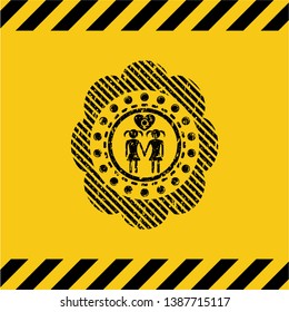 lesbian love icon inside warning sign, black grunge emblem. Vector Illustration. Detailed.