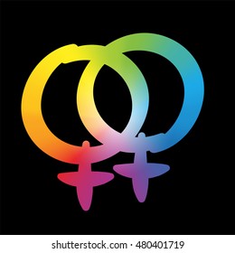 Lesbian love icon - rainbow gradient colored symbol, pleasant rounded typeface on black background.
