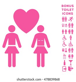 Lesbian Love Pair icon and bonus man and woman WC symbols. Vector illustration style is flat iconic symbols, pink color, white background.