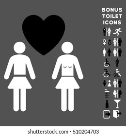 Lesbian Love Pair icon and bonus man and female restroom symbols. Vector illustration style is flat iconic bicolor symbols, black and white colors, gray background.