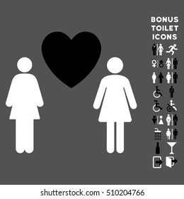 Lesbian Love Pair icon and bonus male and female toilet symbols. Vector illustration style is flat iconic bicolor symbols, black and white colors, gray background.