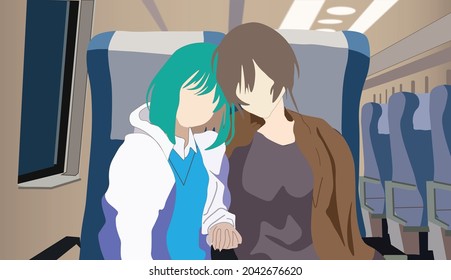 Lesbian love story and travel together with holding hands. Young LGBT couple making out in romantic holiday