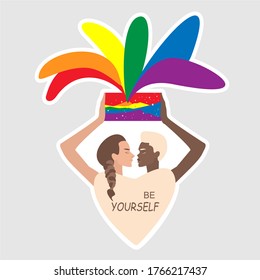 Lesbian love vector banner. Be yourself lgbt movement slogan.