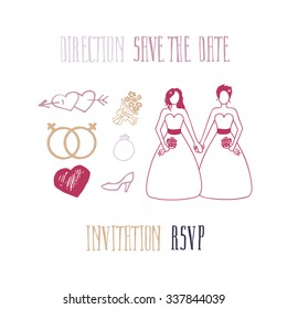 Lesbian marriage hand drawn design. Simple and stylish. Build your own design for an invitation card, save the date card; RSVP or direction.