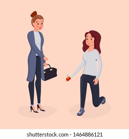 Lesbian marriage proposal flat vector illustration. Romantic girl with golden ring standing on knee, kneeling isolated character. Cartoon homosexual woman offering to get married with gay partner