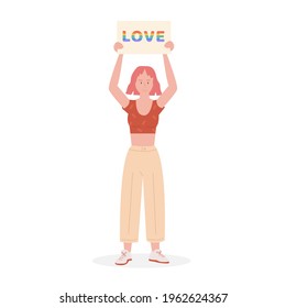 A lesbian in modern dress with pink hair at pride parade holding placard with word Love in rainbow colors. Girl at demonstration for equal rights. LGTB activist. Vector flat cartoon character on white