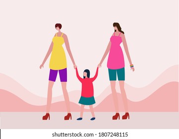 Lesbian mother vector concept: lesbian couple holding hands together with their adopted girl