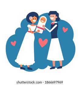 Lesbian mothers couple holding their happy baby and smiling. Newborn wrapped in a blanket. Concept for parenthood, motherhood, lgbt family and rights. Flat isolated stock illustration.