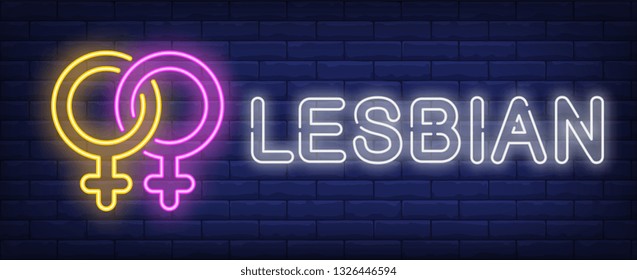 Lesbian neon text with two coupled female gender symbols. Gender identity design. Night bright neon sign, colorful billboard, light banner. Vector illustration in neon style.