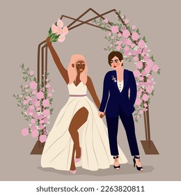 Lesbisches, frisch verheiratetes Paar, Vektorgrafik. Cute nicht-traditionelle Hochzeit Zeremonie. Romantische Szene mit glücklichem Ehegatten zum Heiratsfeiern