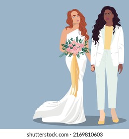 Lesbian newlyweds flat color vector illustration. Beautifull couple of interracial women. 