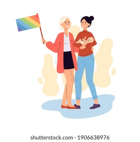 Lesbian parents couple holding baby and Pride flag - happy cartoon LGBT family isolated on white background. Vector illustration of two gay women