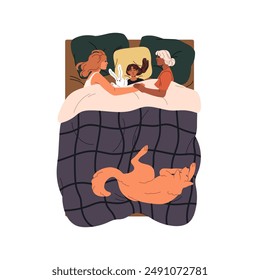 Padres lesbianas, niños y perros duermen juntos vista superior. La familia LGBT y el niño descansan en la cama. Las madres y las hijas duermen siestas, relajarse en las almohadas. Ilustración vectorial aislada plana sobre fondo blanco